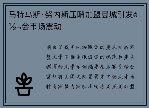 马特乌斯·努内斯压哨加盟曼城引发转会市场震动 马特乌斯·努内斯压哨加盟曼城引发转会市场震动
